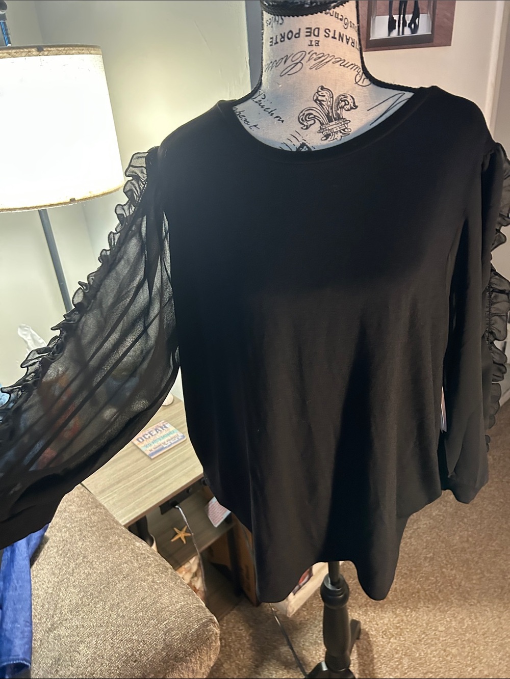 Philosophy Black Ruffle-Sleeve Women's Top - Elegant Sheer Detail